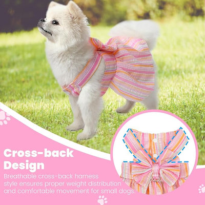 Pet Dog Harness Dress, Cute Striped Pattern with Bow, Princess Puppy Dresses with Button Closure, Summer Dog Clothes for Small Dogs Girl (Pink, Large)
