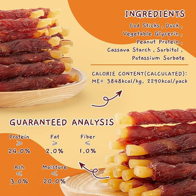 Jungle Calling 1.3 lb 35-Count Duck Wrapped Cod Sticks Dog Treats, Rawhide Free Dog Chews Long Lasting, Soft & Chewy Digestible Training Snacks for Small Medium Dogs