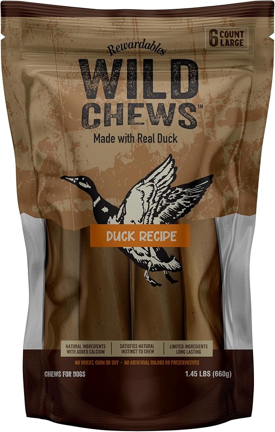 Rewardables | Wild Chews | Duck Recipe, Made with Real Duck, Limited Ingredient, Long Lasting Chews for Large Dogs | 6 Count