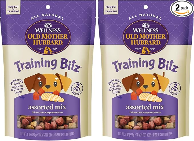 Old Mother Hubbard Wellness Training Bitz Assorted Mix Dog Treats, Natural Biscuits, 3 Flavors, 8 oz Bag (Pack of 2)