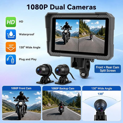 5" Motorcycle Carplay Screen with Dual Dash Cam – Wireless Apple Carplay & Android Auto, 1080P Front & Rear HD Camera, Bluetooth, IP67 Waterproof, Voice Control (Siri/Google)