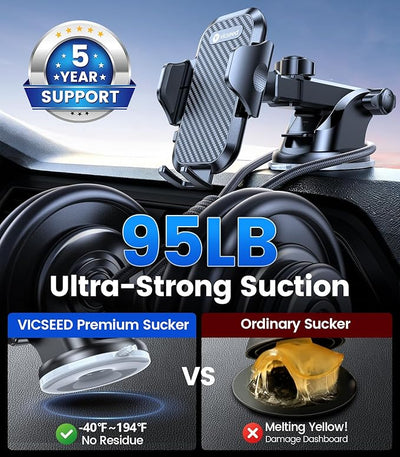 VICSEED 2026 Ultimate Sturdy Car Phone Holder [Upgraded 95+LBS Strongest Suction] Universal Long Arm Cellphone Mount for Car Dashboard Windshield Vent Truck Boat for iPhone 17 16 Pro Max & Android