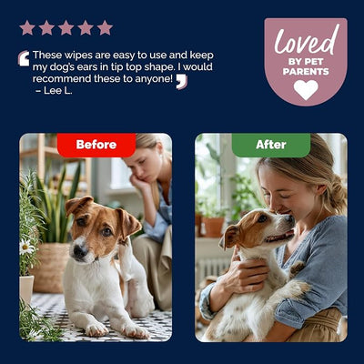 Vetnique Oticbliss Dog Ear Wipes, Cat & Dog Ear Cleaner & Deodorizing Wipes for Dogs, Cats, Puppies & Kittens, Vet Formulated to Remove Ear Wax, Dirt & Odor with Aloe for Itchy, Smelly Ears