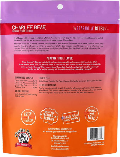 Charlee Bear Bearnola Bites Crunchy Dog Treats, Pumpkin Spice, 8 Ounce Resealable Bag, Limited Ingredient, Natural, Healthy Granola Dog Snacks, Made in USA