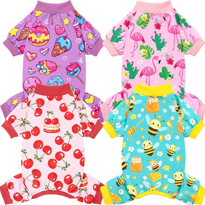 XPUDAC 4 Pieces Dog Pajamas for Small Dogs Boy Girl Soft Stretchy Pjs Onesies Puppy Clothes for Dog Cat Pet Outfits, XS