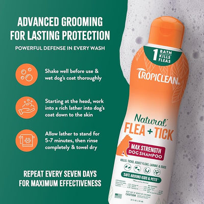 TropiClean Natural Flea & Tick Max Strength Shampoo & Bedding Spray Bundle, Dog Shampoo, Flea & Tick Treatment Protects & Repels - Made in USA