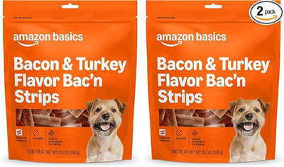 Amazon Basics Bacon and Turkey Flavor Bac'n Strips Dog Treats - 25 oz Bag (Pack of 2)