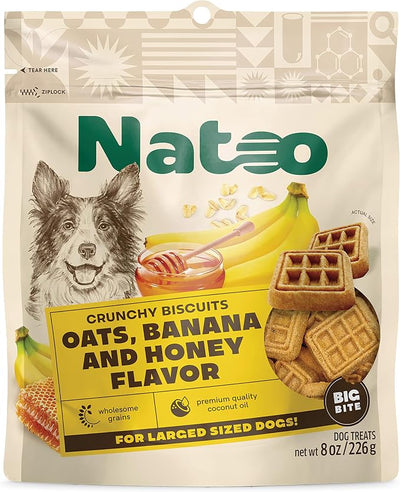 NATOO Dog Treats for Large Breed, Oats Banana and Honey, 8oz | Crunchy Biscuits, Rich in Omega 6, Prebiotics and Fiber, Antioxidants for Immunity, Natural
