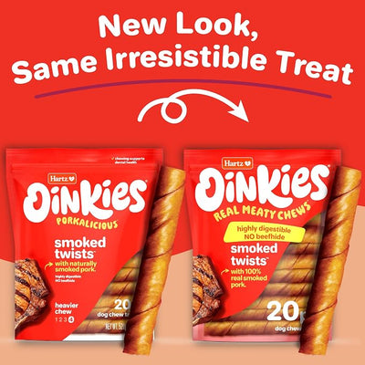 Hartz Oinkies Natural Smoked Pig Skin Twist Dog Treat Chews - 20 Pack