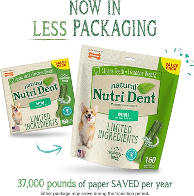 Nylabone Nutri Dent Natural Dental Chews for Dogs, Limited Ingredient Dog Treats Made in the USA, Clean Teeth & Fresh Breath, Healthy Dog Chews, Fresh Breath Flavor, For X-Small Dogs, (160 Count)