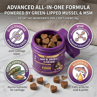 Hip and Joint Chews for Dogs - All-in-One Mobility Support with Glucosamine, MSM, Chondroitin & Green Lipped Mussel - 90CT Chicken Flavor - Helps with Dog Stiffness, Limping & Recovery.