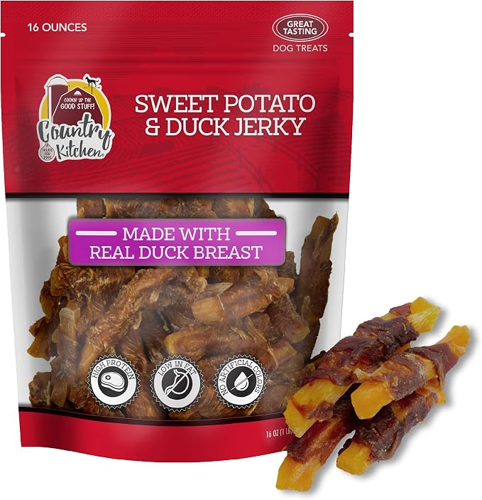 Country Kitchen Sweet Potato & Duck Jerky Tender Dog Treats, Made with Real Duck, High Protein, Low Fat, No Artificial Colors, 16 oz