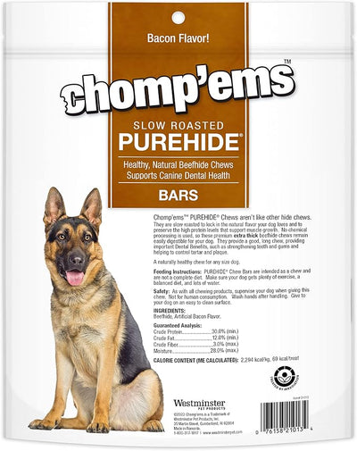 CHOMP 'EMS Purehide Beefhide Dog Chews, Bacon Flavor, 12 Oz - 100% Digestible Long Lasting Dental Treat