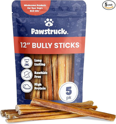 Pawstruck 100% Natural 12-in Bully Sticks for Dogs - Tough Long-Lasting Rawhide-Free Single Ingredient Beef Pizzle Chew Treats for Medium & Large Dogs, Aggressive Chewers - 5 Count Pack