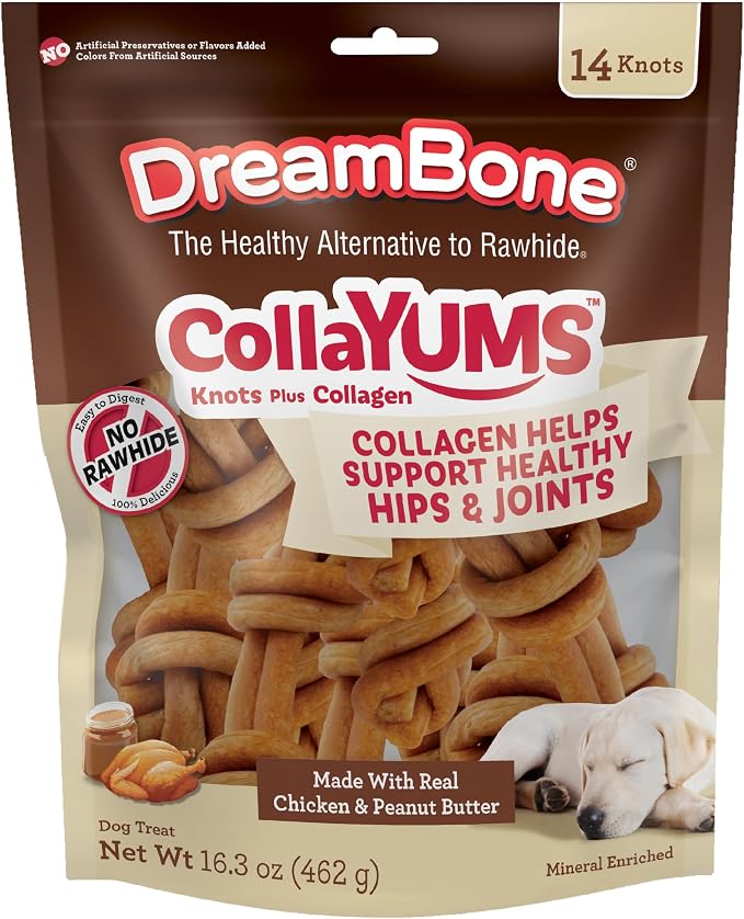 DreamBone CollaYUMS Knots Plus Collagen Chews for Dogs, 14 Count, Treat Your Dog to Rawhide-Free Chews Made with Chicken, Vegetables and Peanut Butter