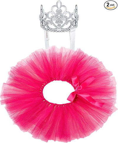 2 Pcs Dog Crown Headband Dog Tutu Dress Set Crystal Rhinestone Tiara Crown Tutu Skirt Pet Dress Costume for Puppy Birthday Party Wedding Photo Prop Costume(X-Large,Rose Red)