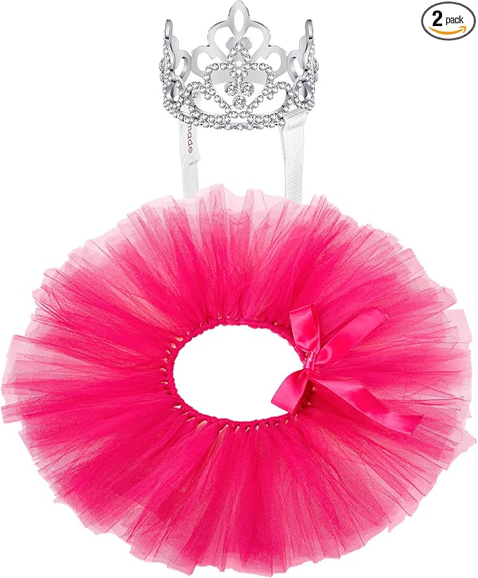 2 Pcs Dog Crown Headband Dog Tutu Dress Set Crystal Rhinestone Tiara Crown Tutu Skirt Pet Dress Costume for Puppy Birthday Party Wedding Photo Prop Costume(Large,Rose Red)