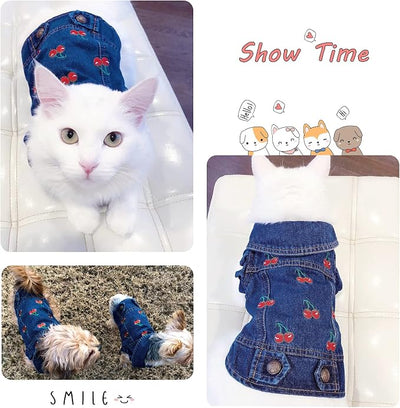 SILD Pet Clothes Dog Jeans Jacket Cool Blue Denim Coat Small Medium Dogs Lapel Vests Classic Puppy Hoodies (L, Cherry)