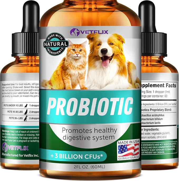 Premium Probiotics Liquid for Dogs, Cats, Puppies and Kittens, 2 Fl Oz | Digestive Enzymes, Prebiotics Supplement, Supports Digestive Health, Gut Balance