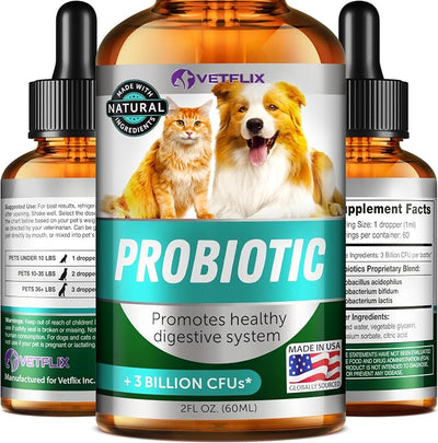 Premium Probiotics Liquid for Dogs, Cats, Puppies and Kittens, 2 Fl Oz | Digestive Enzymes, Prebiotics Supplement, Supports Digestive Health, Gut Balance