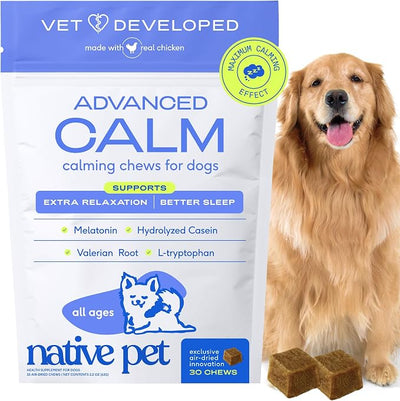 Native Pet Advanced Calming Chews for Dogs - Anxiety Relief, Stress, Separation, Travel & Sleep Support with Melatonin for Dogs, Hydrolyzed Casein, Valerian Root & L-Tryptophan -30 Chews