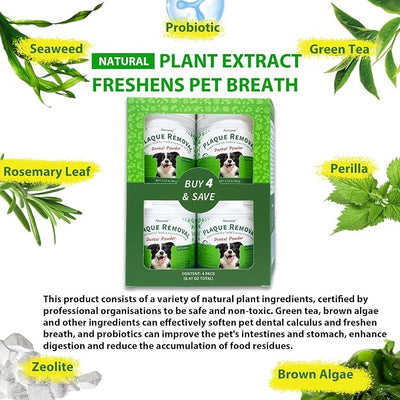 Petstoral Multi-Pack Natural Dog Dental Powder, Dog Dental Care - Plaque Remover and Bad Breath Treatment, Healthy Gums & Fresh Breath for All Dogs and Cats (4-Pack)