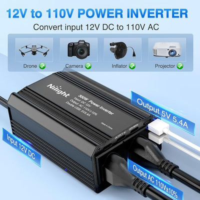 Nilight 300W Power Inverter 12V DC to 110V AC Car Charger Converter with 5.4A Dual USB Ports and 2 AC Outlets for Phones Tablets Laptop Computer Game Console Kindle iPad DVD Players Black