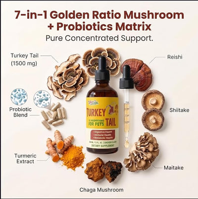 Turkey Tail Mushroom Supplement for Dogs - Liquid Immune Support Drops for Lumps & Bumps - 7-in-1 Blend with Turmeric & Probiotics, Chicken Flavor (90 ML)