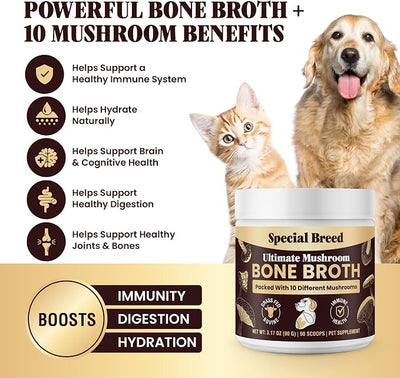 Beef Bone Broth for Dogs - High Protein Powder with Ten Organic Mushrooms & Collagen - Immune, Joint, Digestion & Cognitive Support - Tasty Dog Food Topper - Natural Hydration Booster