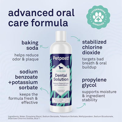 Petpost | Dental Solution for Dogs - Water Additive that Eliminates Bad Breath - Dirt, Gunk, and Tooth Buildup Gone - Natural Tooth Cleaning Solution 16 oz.