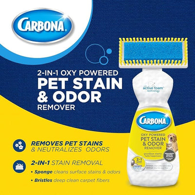 Carbona Oxy-Powered Pet Stain & Odor Remover, 2-in-1 Foaming Carpet Cleaner with Built-In Brush, Targets Urine, Vomit, Mud Messes from Dogs, Cats, 13.5 Oz (Pack of 3)