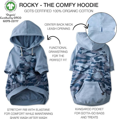 Pet Passion Rocky – The Original Lightweight Hooded Tee 100% Organic Cotton Dog Hoodie Pet Coat Sweater for All Sized Dogs, Original Navy Half Camo, Small (10-25 lbs)