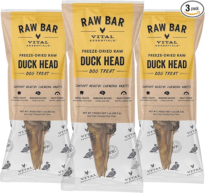 Vital Essentials Freeze-Dried Raw Duck Head Dog Treat & Long-Lasting Natural Chew, 3-Pack | Single Ingredient Dog Treat for Aggressive Chewers | Made in USA