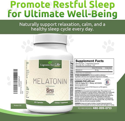 Lignans for Life Melatonin for Dogs & People, 6mg - 120 Capsules - Capsules - Pet Treats - Vitamins for Overall Health