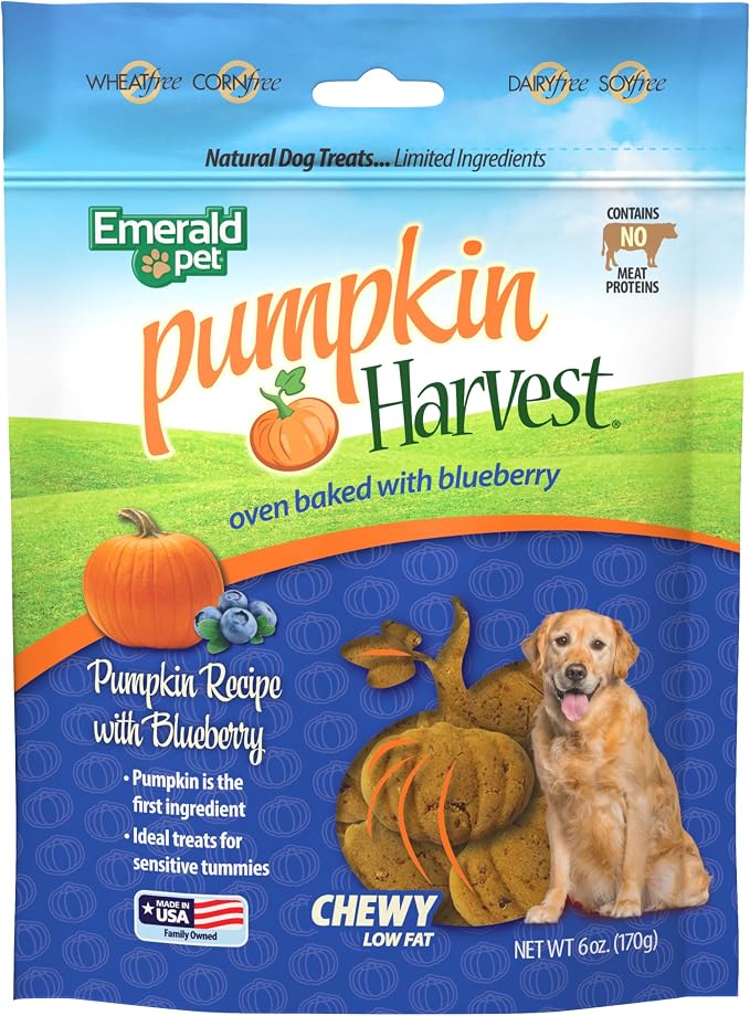 Emerald Pet Pumpkin Harvest Dog Treats, Blueberry Flavor, 6 oz – Soft Chewy Low-Fat Natural Dog Treats with Real Pumpkin for Digestive Health – Meat-Free, Wheat-Free, Made in USA