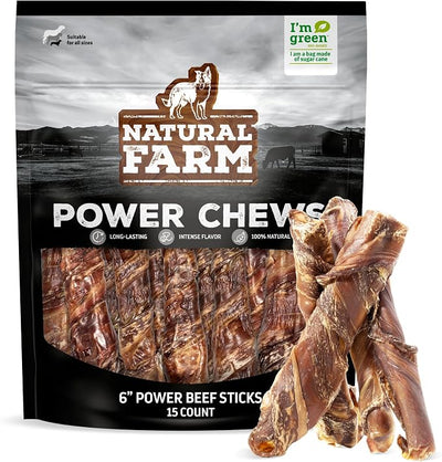 Natural Farm Power Beef Sticks Dog Chews (6”, 15-Pack), 2-in-1 Power Chews: Premium Bully Cheek Wrapped in Beef Esophagus for Double Chewing Time, Promotes Dental Health, Great for Medium Dogs
