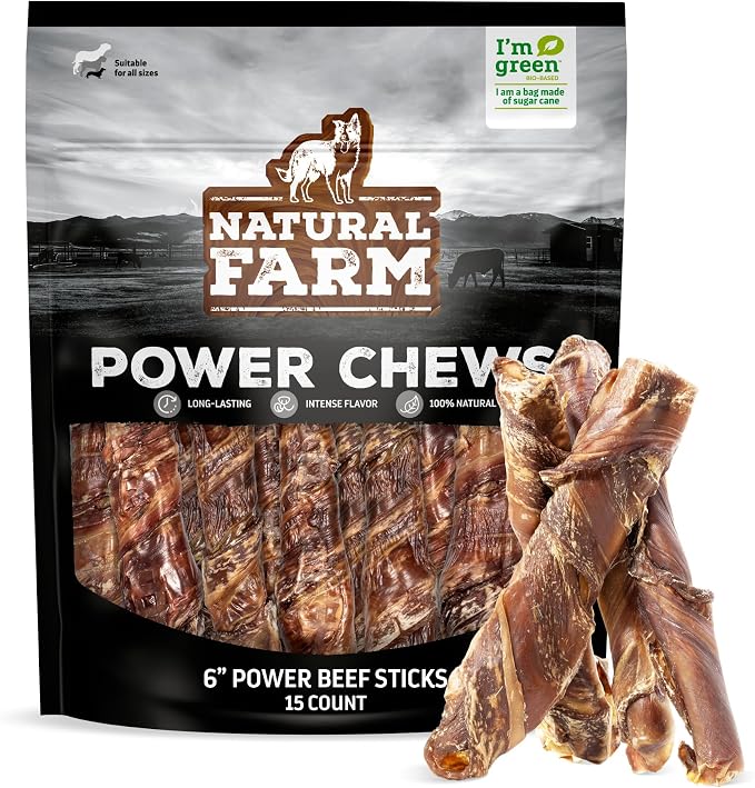 Natural Farm Power Beef Sticks Dog Chews (6”, 15-Pack), 2-in-1 Power Chews: Premium Bully Cheek Wrapped in Beef Esophagus for Double Chewing Time, Promotes Dental Health, Great for Medium Dogs