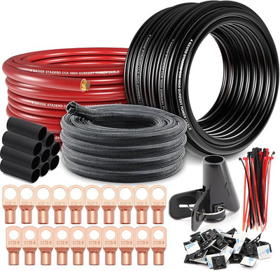 4 Gauge Wire(25ft Each - Red/Black) Copper Clad Aluminum CCA Automotive Wire with 50ft 1/2" Cable Sleeve - Ideal for Car Audio, Solar, Auto, RV, Marine Power & Ground Cables