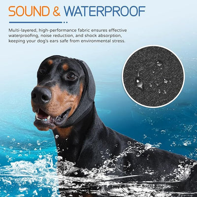 Dog Ear Muffs & Swim Cap and No Shake Ear Wrap for Bathing, Hematoma, Drying & Noise Anxiety Relief - Elastic Waterproof Ear Protection with Calming Hoodie for Grooming