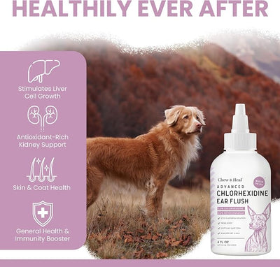 Chew + Heal Labs Dog Ear Cleaner - Medicated Dog Ear Buildup Drops for Dirt and Wax - 4 oz Advanced Flush with Chlorohexidine and Ketoconazole - Made in the USA