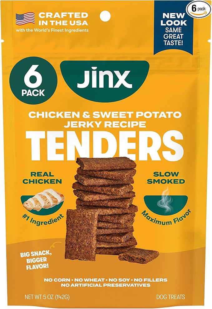 Jinx Tenders Chicken Jerky Dog Treats, All Natural Ingredients, Soft & Chewy, Low-Calorie, Slow-Smoked Chicken & Sweet Potato, No Fillers, 5oz, 6 Pack