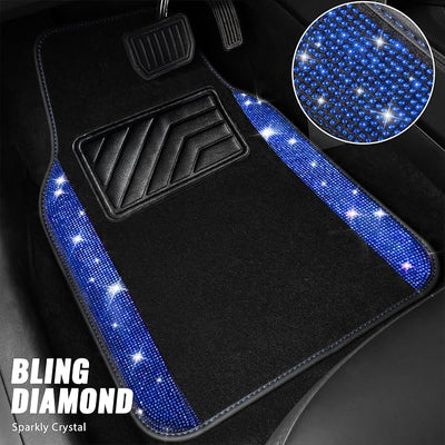 CAR PASS Bling Rhinestones Diamond Car Floor Mat,Sparkly Glitter Shining Crystal Carpet Anti-Slip PVC Heel Pad Waterproof Universal for Automotive SUV,Sedan,Van,4pcs Girl Pretty Women Men Black Blue