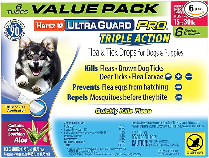 Hartz UltraGuard Pro Flea & Tick Topical Dogs & Puppies Treatment & Prevention, 6 Months, 15-30 lbs