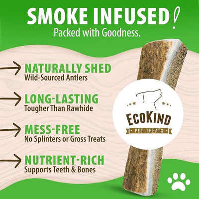 EcoKind Smoked Elk Antler Dog Chews – Natural Split Antlers, Long-Lasting Chew, Elk Antlers Treats for Large Dogs Weighing 30-45 lbs, Splinter-Free, Supports Dental Health – 1 Large Smoked Chew