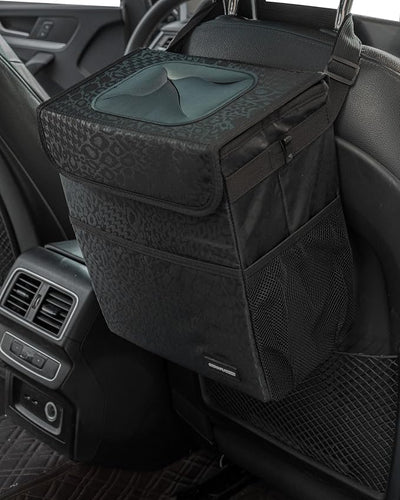 SIBOFUEGO Sturdy 3 Gallon Car Trash Can - Ultra Large Capacity, Leak Proof, Waterproof Car Organizer and Storage with Pockets and Adjustable Straps, Collapsible Interior Car Accessory (Black Leopard)