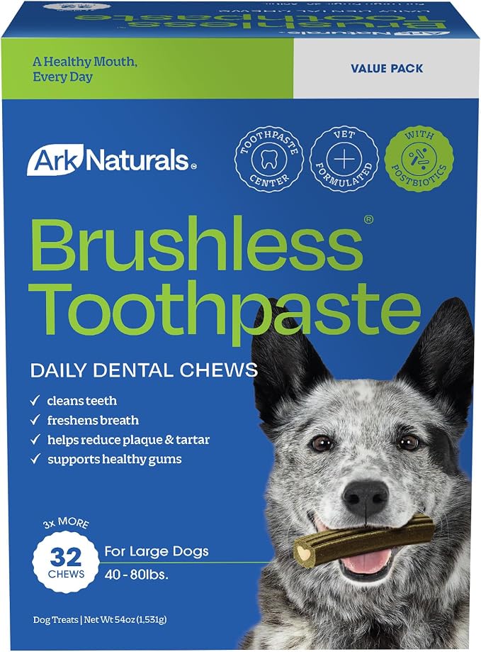 Ark Naturals Brushless Toothpaste – Large Breeds, 54oz Bag – Dog Dental Chew with Toothpaste Center – Freshen Breath and Reduce Plaque & Tartar with Dental Chews for Dogs