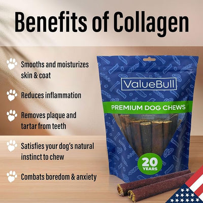 ValueBull USA Collagen Sticks for Small Dogs, 6 Inch Thin Chews, Natural Dog Treats, 50 Count - Promotes Joint, Skin & Coat Health with Glucosamine and Chondroitin