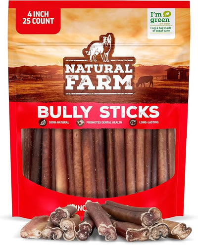 Natural Farm Odor Free Bully Sticks (4 Inch, 25 Pack) for Small & Medium Dogs - 100% Beef Chews for Pups, Non-GMO, Grain-Free, Fully Digestible Long Lasting Dog Treats
