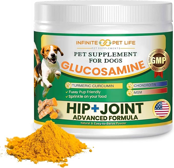 Infinite Pet Life Hip & Joint Supplement Powder for Dogs - Glucosamine, MSM, Chondroitin & Tumeric | Advanced Mobility Support for All Ages & Active Dogs - 12.7 oz