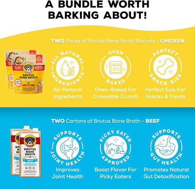 Brutus Bone Broth for Dogs Bundle Pack - Chicken Biscuits Dog Treats, Pack of 2 (8oz) and Beef Bone Broth Food Toppers, Pack of 2 (32oz) - All Natural, Tasty & Nutritious